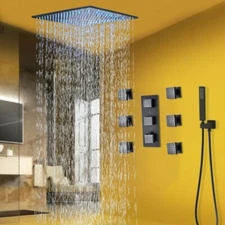 Black Thermostatic Shower Faucet Set 12in LED Rain Shower Head with Massage Jets