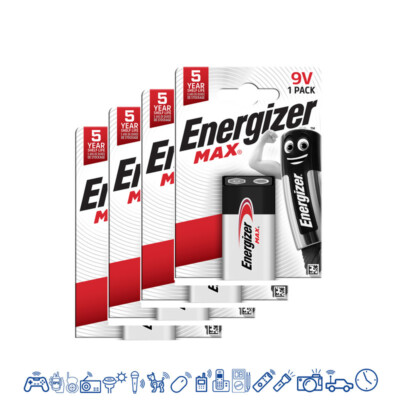 4 x Energizer Max 9V Block Alkaline E-Block 6LR21  Batterie - Rauchmelder 