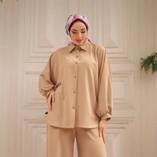 Muslim Women Solid Color Two Piece Sets Outfits Islamic Top Long Pants Party New