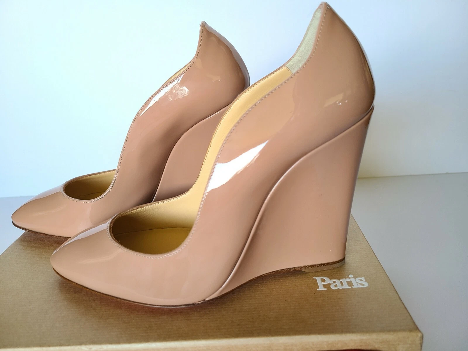Christian Louboutin — Christian Louboutin Tanja 100 Patent Red Sole Wedge Pumps Nude Eur 38.5/ US 8.5