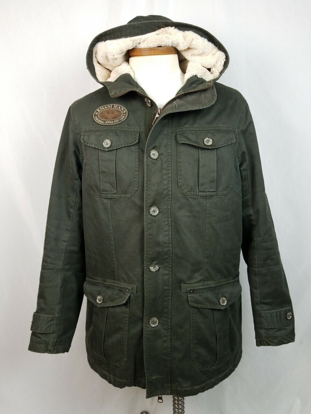 tekort Passief terugtrekken Armani Jeans Military Patch hooded Jacket Dark Green Sz L Faux Fur Utility  Parka | eBay