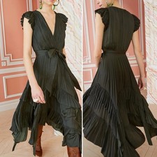 ULLA JOHNSON Abella Tiered Midi Dress Sz 4 Forest Green Silky Hi Low V-neck Maxi