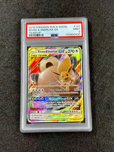 2019 POKEMON SUN & MOON TEAM UP #120/181 EEVEE & SNORLAX GX TAG TEAM PSA 9