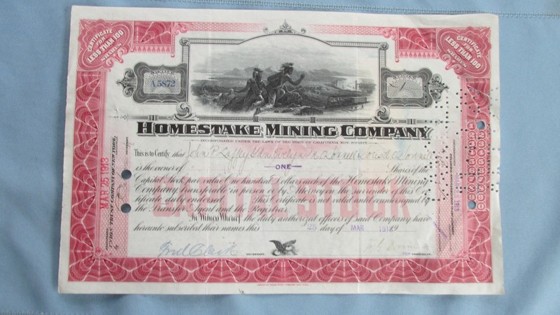 1919 Lead South Dakota Homestake Mining Co. Stock Certificate-One Share $100