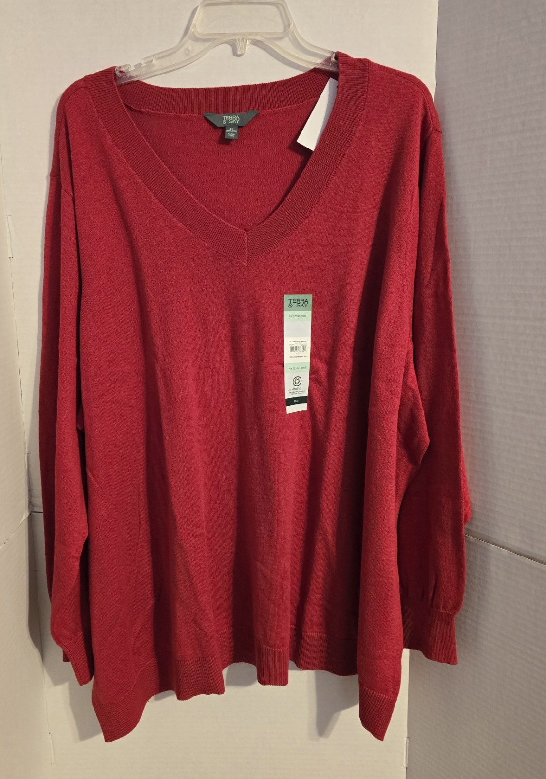 New! Womens Terra & Sky V-Neck Fine Gauge Pullover Sweater Red Plus 4X (28W-30W)