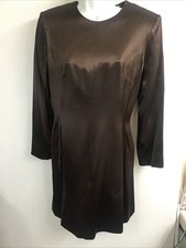 Alexander Mcqueen Dress Chocolate Brown Satin Viscose Crew Neck Long Sleeve XS