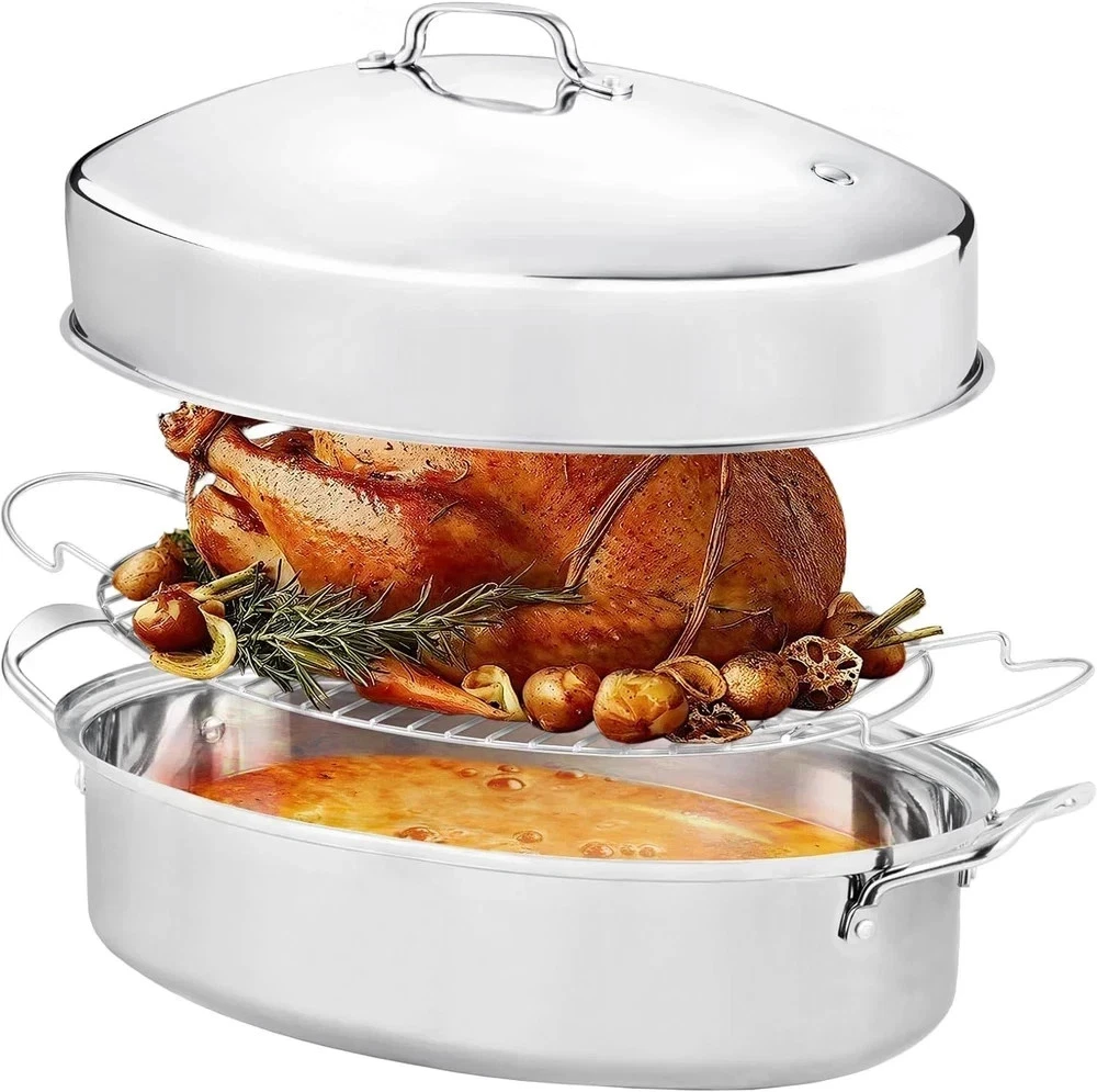 Roasting Pan With Rack and Lid,Oval Stainless Steel Turkey Roasting Pan,22INCH(
