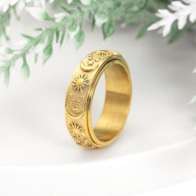 8 mm Vintage Stainless Steel Sun Moon Stars Rotatable Ring for Men Women