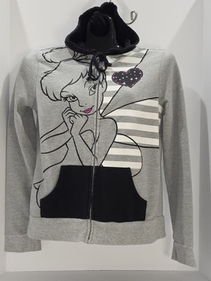 Disney TinkerbellZipHoodieWomens XL Gray Black Graphic Full Zip Sweatshirt. #N1
