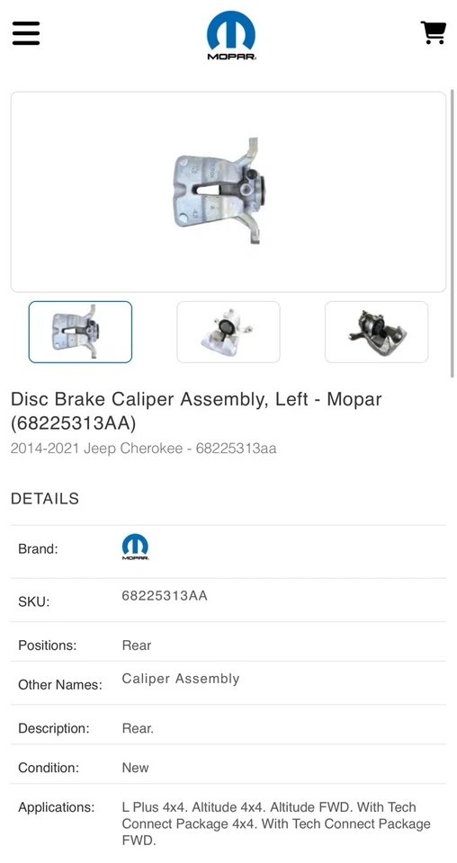 NEW Genuine Mopar 68225313AA Left Rear Disc Brake Caliper Jeep Cherokee - Image 3 of 3