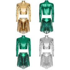 US Womens Dance Costume Long Sleeves Crop Top With High Waist Fringed Shorts