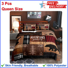 3 Pcs Rustic Cabin Comforter Set Queen Size, Farmhouse Bedding, Black Bear Deer