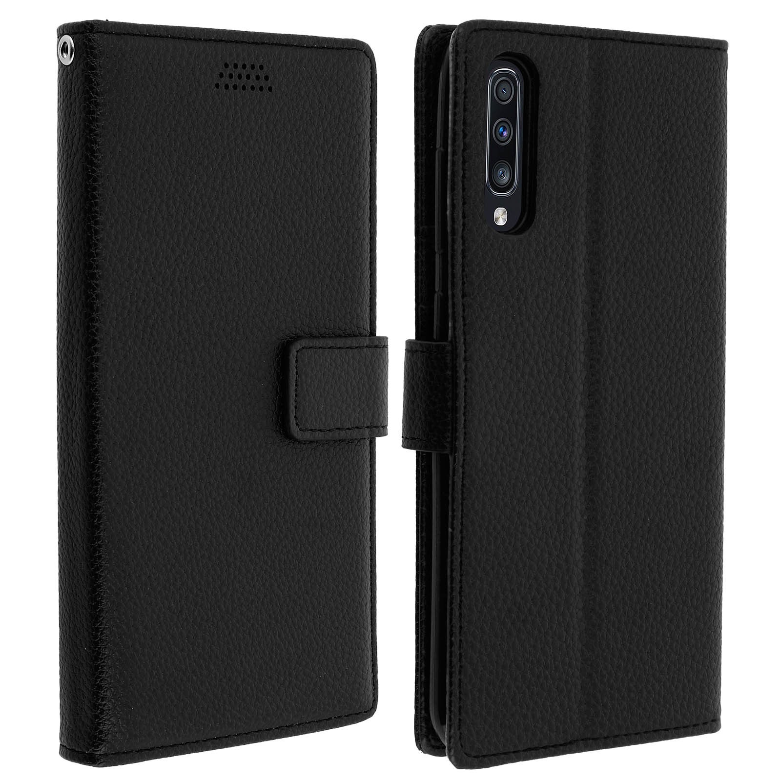 Coque portefeuille Galaxy A70 noire finition mate soft touch au design sobre et élégant