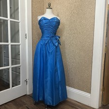 Strapless Blue Satin Evening Gown with Bow Detail
