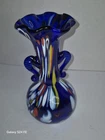 Vtg  Veteria Vecchia Murano  Blue Vase W/ Handles And Certificate 7"