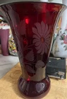 11.5”  VINTAGE FENTON ETCHED FLOWERS Cambridge RED  glass vase