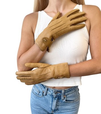 CHANEL Vintage CC Mark Logo Gloves Turn Lock #7.5 Leather Light