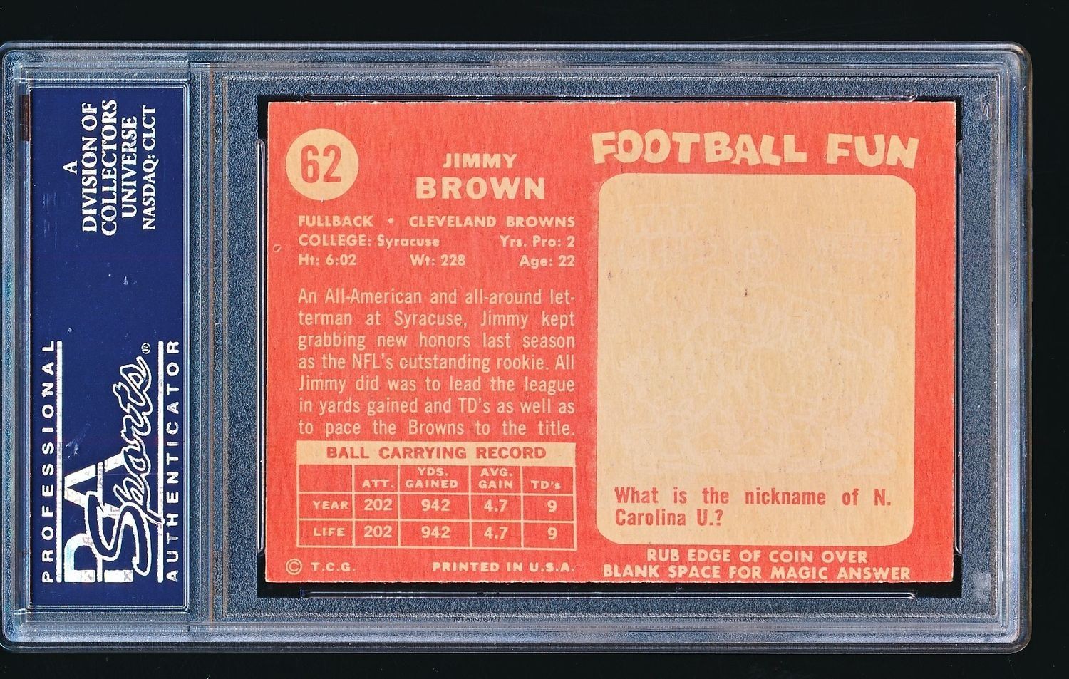 1958 Topps JIM BROWN Rookie #62 PSA 6 view 2