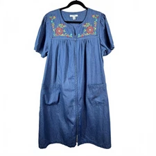 Go Softly Patio Women's Casual Denim Muu Muu with Embroidered Flowers Large