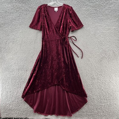 Lisa Lucy Dress Large Burgundy Velvet Wrap Hi Low Flowy Midi Wedding Party  USA