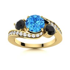 Swiss Blue Topaz  Black Spienl Round 925 Silver Gold Plated Three Stone Ring