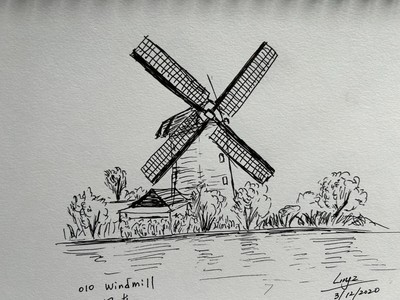 Pen and Ink Sketch for windmill Landscape on Canson Mix Media Paper 7x10''