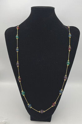 Premier Designs Long Multi Colored Station Beaded Gold Tone Necklace Signed 36 L