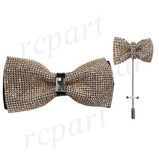 New in box Men's bowtie lapel pin 2 piece set crystal shiny peach wedding formal