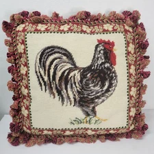Needlepoint Rooster Throw Pillow Tassels French Country Decor Velvet 18x18" 