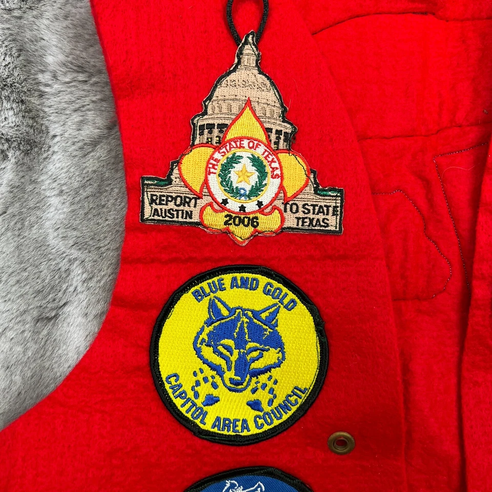 Boy Scout Vest Youth Large Red Felt Patches BSA Y2K Texas Pinewood Derby Trails - Image 3 of 4