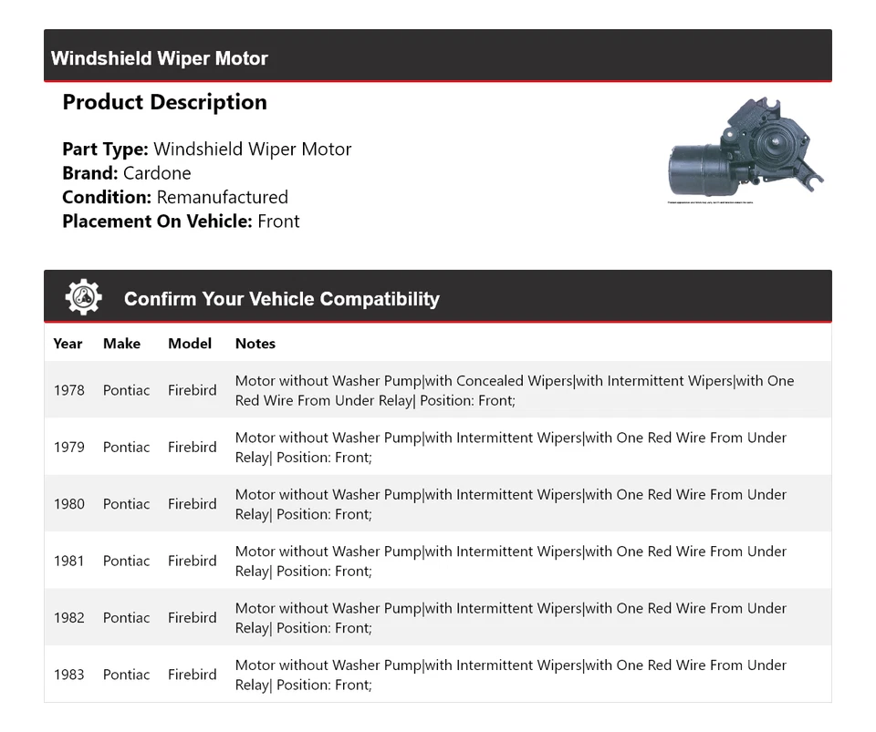 For 1978-1983 Pontiac Firebird Windshield Wiper Motor Front Cardone 1979 1980 - Image 2 of 4