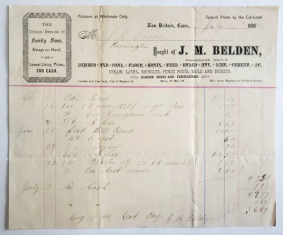 1885 Invoice, J.M. Belden, Lumber, Coal, Flour, Grain, New Britain, Connecticut