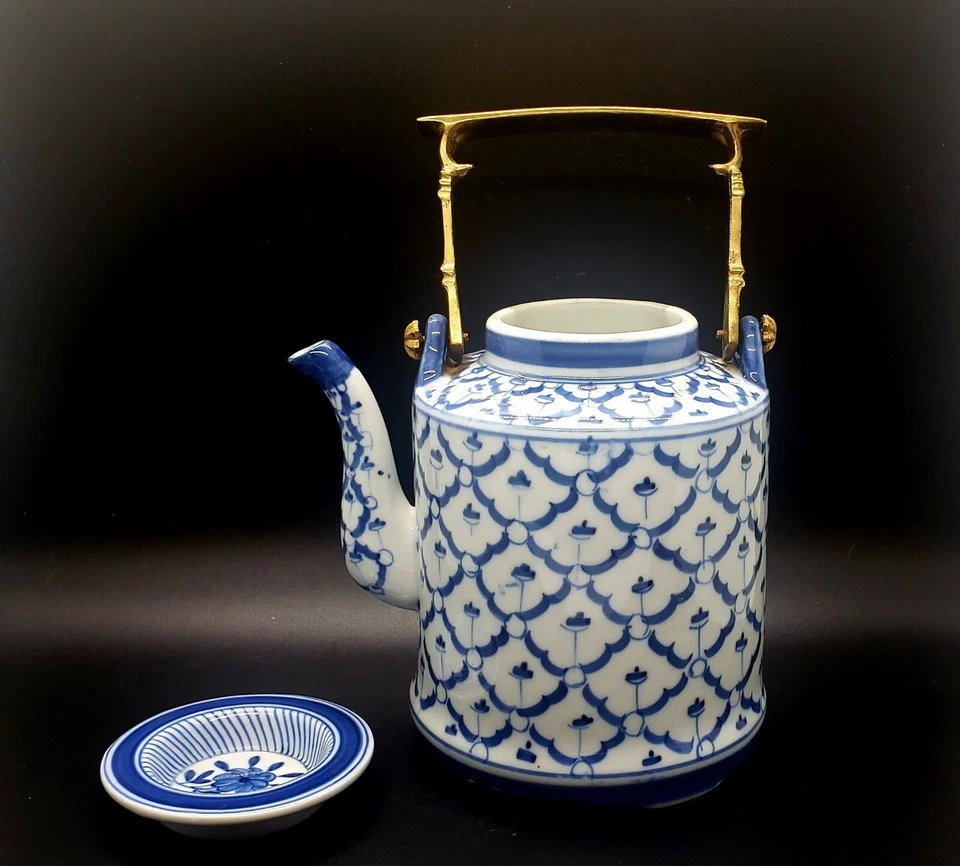 Antique Export Blue & White Teapot with Brass Handle - Image 3 of 4