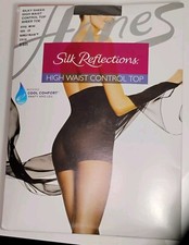 HANES Silk Reflections High Waist Control Top Pantyhose Barely Black Size CD