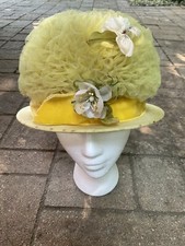Vintage Yelllow Tule Wide Rim Bucket Hat UNION MADE Velvet Bow Flowers