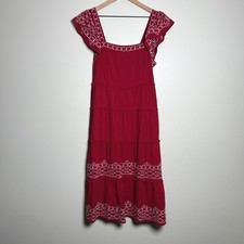 Knox Rose Womens Midi Dress M Red Cotton Pockets Tiered Boho Western Indie