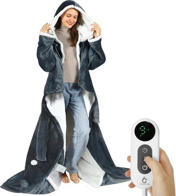Heated Wearable Blanket with Foot Pockets, Sleeves & Hood - Cozy 50''x70