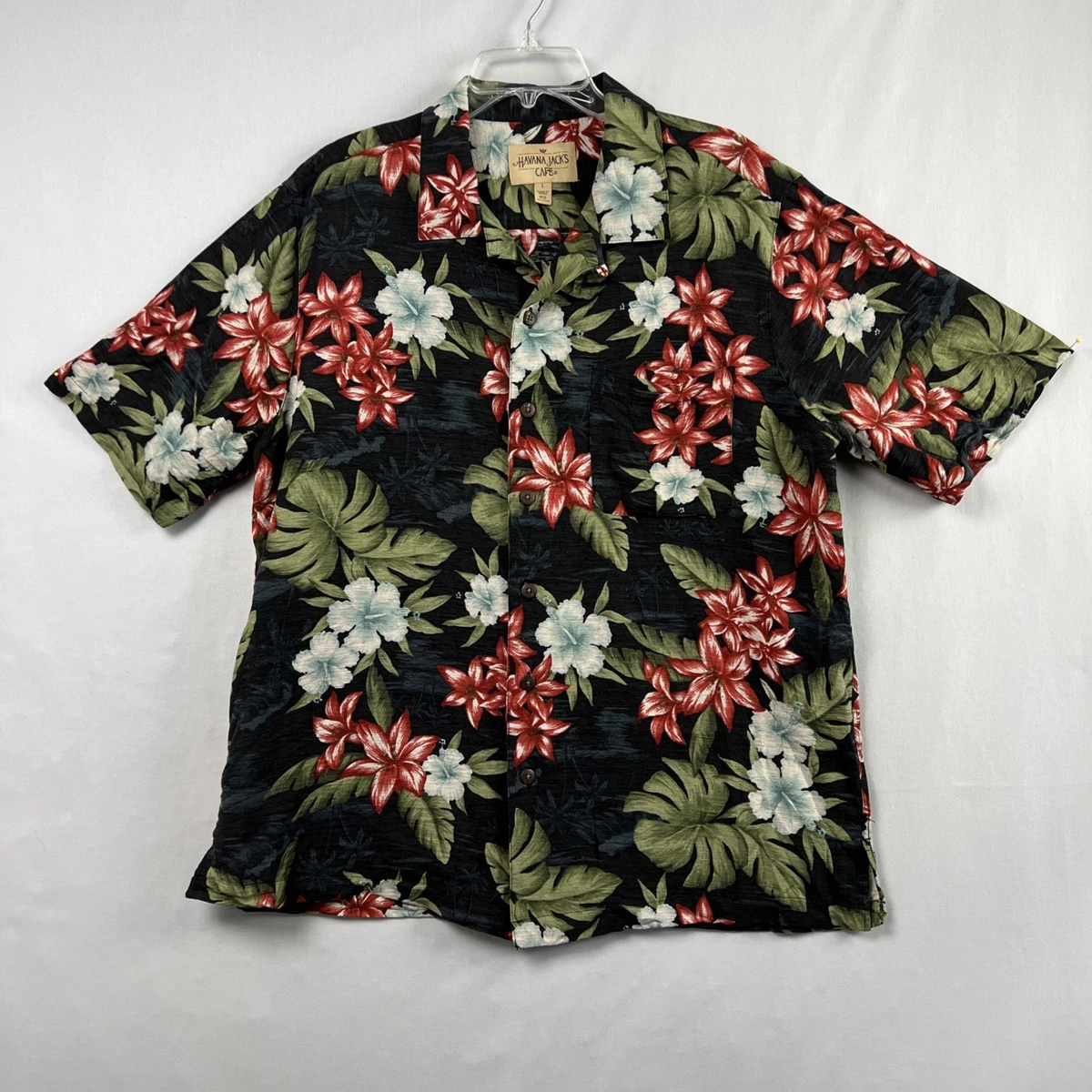 Chemise Hawaïenne Havana Jack's Cafe 100% Soie - Taille L, Manches Courtes, Motif Floral Vert/marron/coquille, Occasion Très Bon état