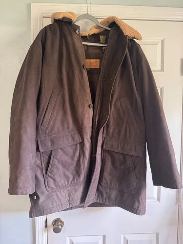 Vintage 90’s Timberland Leathergear Brown Lined Button Spread Coat Mens XXL - product listing photo