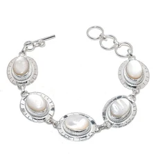 Natural Mother of Pearl Gemstone 925 Sterling silver Jewelry Bracelet Size 7-8"