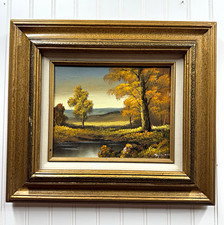 Vintage Signed Oil Landscape Painting Autumn Mountain Stream Gold Frame
