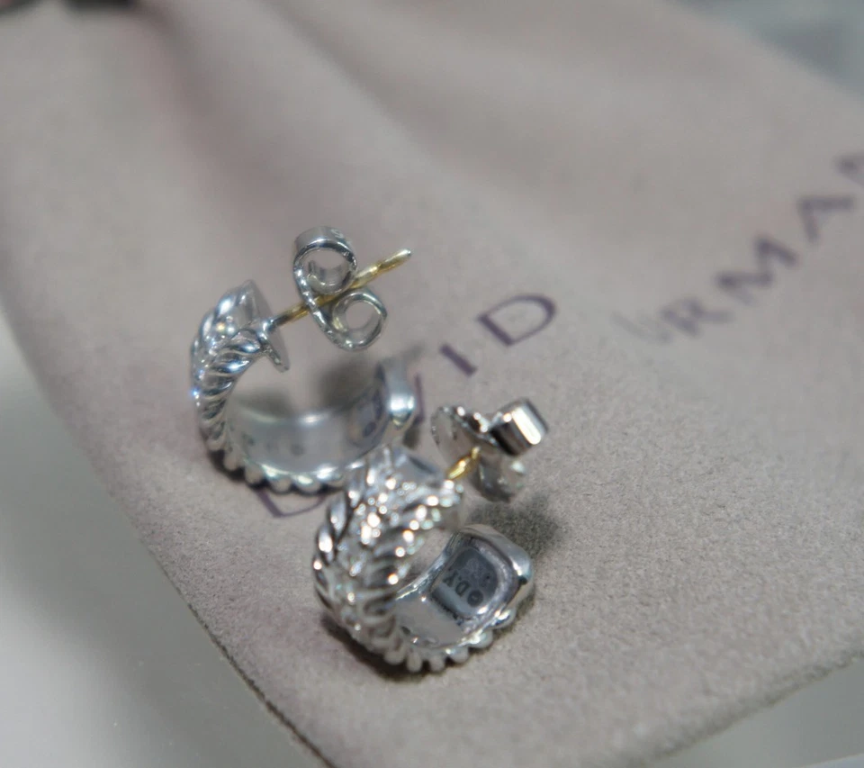 David Yurman Pave Diamond  Huggie Hoop Cable 925 Sterling 585 Earrings DY Pouch - Image 3 of 4