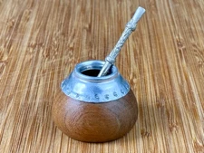 VINTAGE Miniature Yerba Mate Tea Set Gourd/Bombilla Straw Wood/Metal 2"Wx1.5"H
