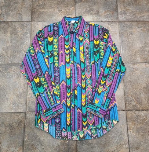 Vintage 90s Men's 35x16 Large Western Cowboy Aztec Colorful Button Up Shirt