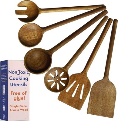 6 Piece Acacia Wood Kitchen Utensil Set Non Toxic Solid Wood