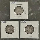 1943 P, 1943 S, 1943 D MERCURY DIMES, CIRCULATED, UNGRADED