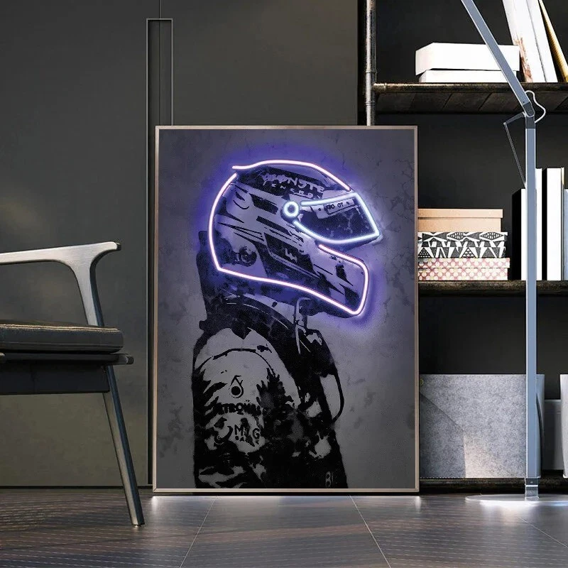 F1 Formula Champion Car Racing Casco de neón Impresiones en lienzo Póster Arte de pared 20x28"" Foto 3 de 4