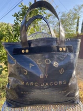Marc by Marc Jacobs Black Shopping Tote Bag Spellout Logo Travel Overnight Purse