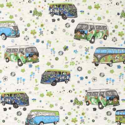 Alpenfleece Stoff ecru  melange mit Bulli VW-Bus Camper blau 50 x 150 cm   