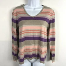 Croft & Barrow Womens Top Sz M Pink Tan Purple Stripe V Neck Long Sleeve 